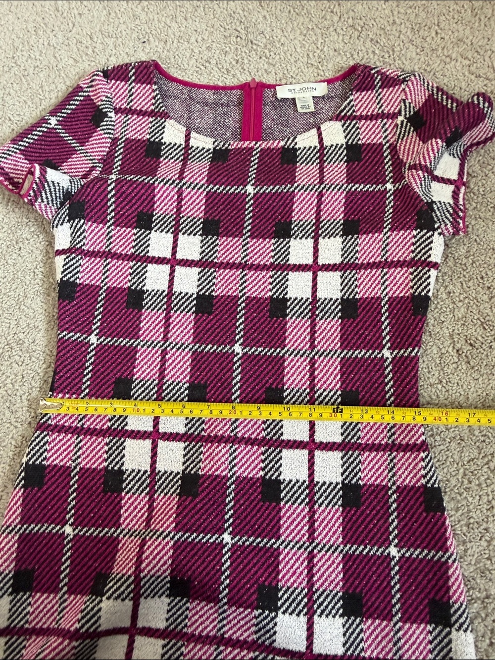 St. John Collection Pink Black White Plaid Slub Knit Wool Blend Midi Dress Sz 4 - Picture 9 of 12